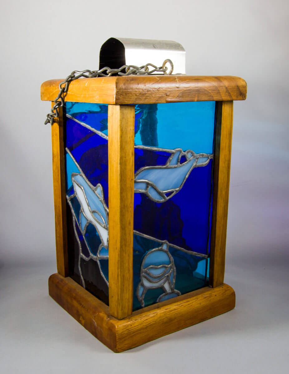 lantern, stained glass, dolphins, intricate, colorful ornate