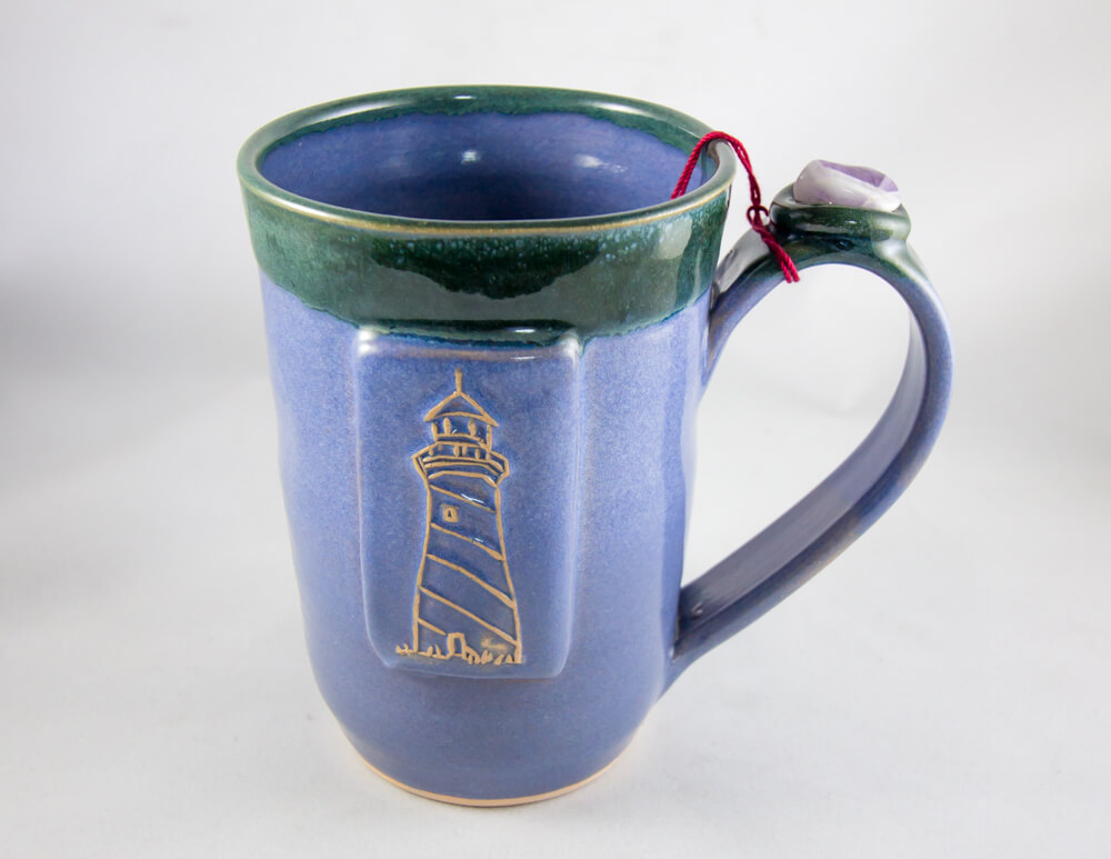 Ceramic, Mug, Handmade, Stone Accent, Lighthouse, Detail
