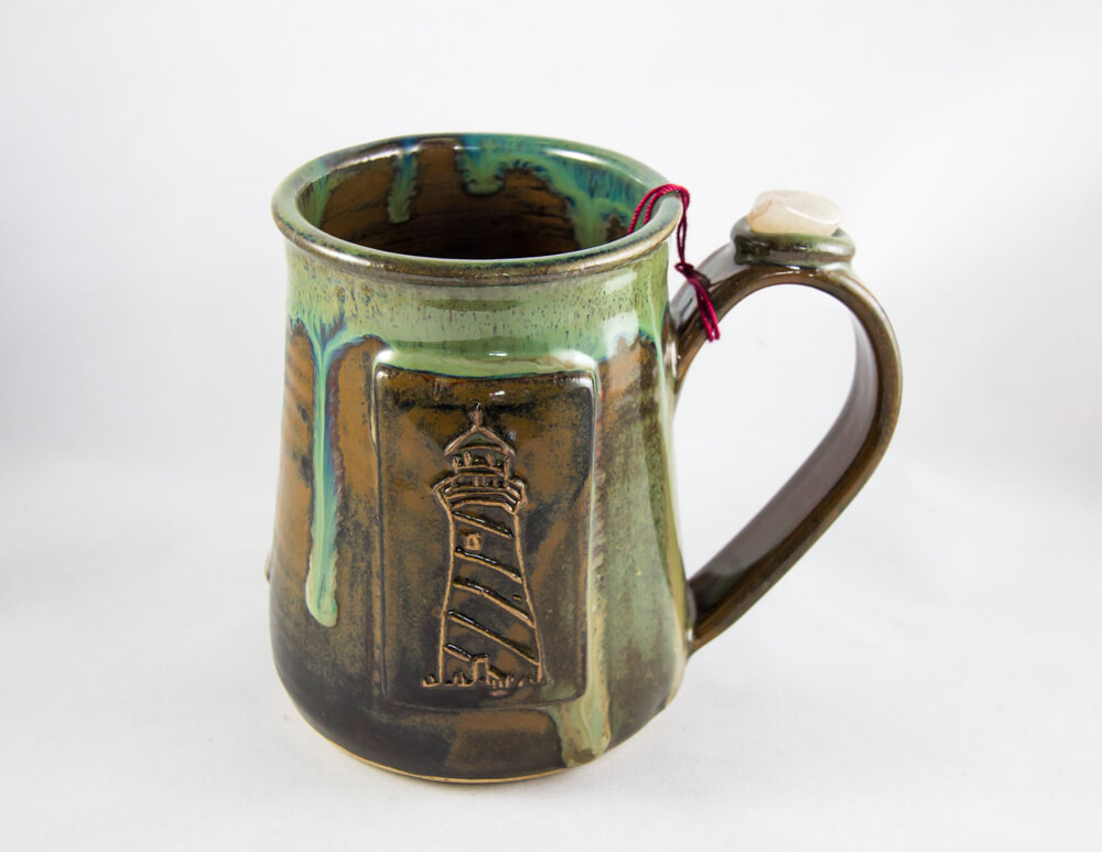 Handmade, Mug, Ceramic, Stone Accent, Brown, Green, Lighthouse