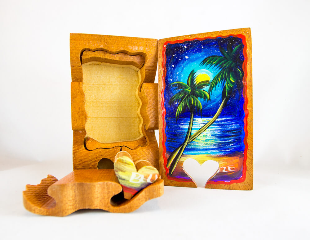 Wooden, Painted, Puzzle, Box, Moonlight, Palm Trees