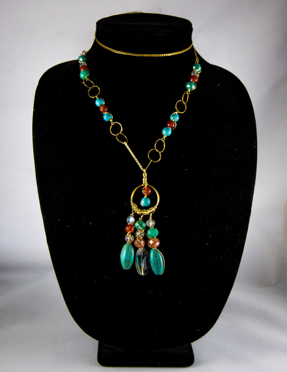 Turquoise, Opal, Agate, and Crystal Gold Plated Necklace